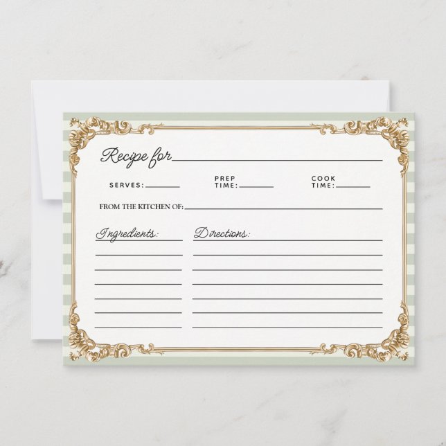 Vintage Gold Sage stripe Bridal Shower Recipe Card (Devant)