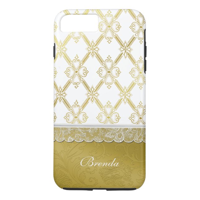 Vintage Gold & White Lattice iPhone 7 Plus coque (Dos)