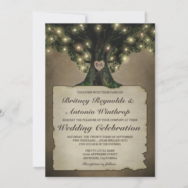 Vintage grand-père Oak Tree Mariage Invitations (Devant)