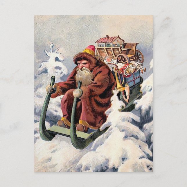Vintage Grumpy Sledding Père Noël Carte postale de (Devant)