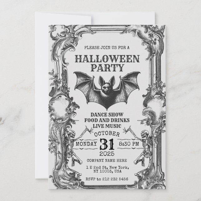 Vintage Halloween Invitation with Skeletons & Bat (Devant)