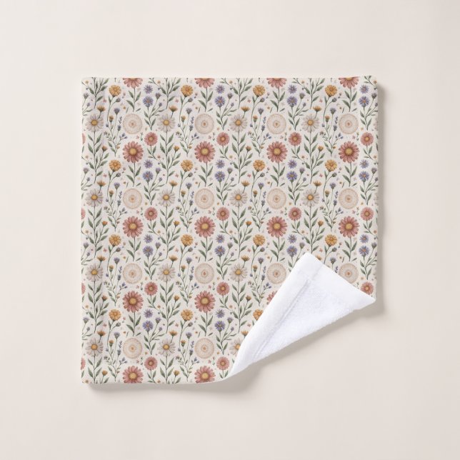  Vintage Hand-Drawn Wildflowers Patchwork Seamless (Gant de toilette)