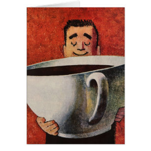 Vintage Happy Man Boire la Coupe Géante de Café