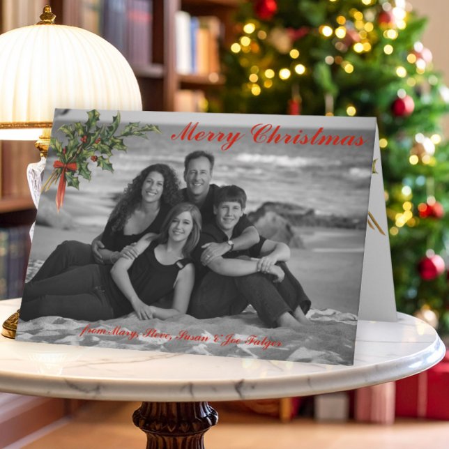 Vintage Holly | Carte photo de Noël pliée personna (Créateur téléchargé)