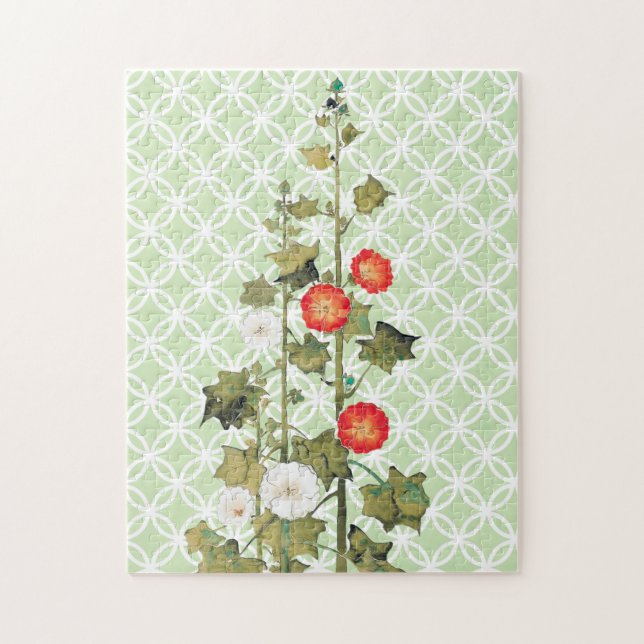 Vintage Hollyhock Flowers Art Puzzle (Vertical)