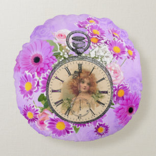 Vintage horloge fille Regarder Coussin rond fleuri
