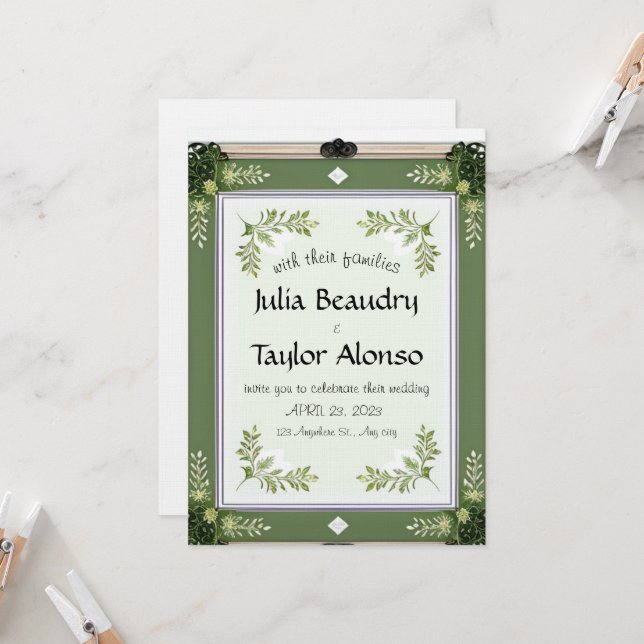 Vintage-Inspired Green Floral Border invitation (Devant/Arrière en situation)