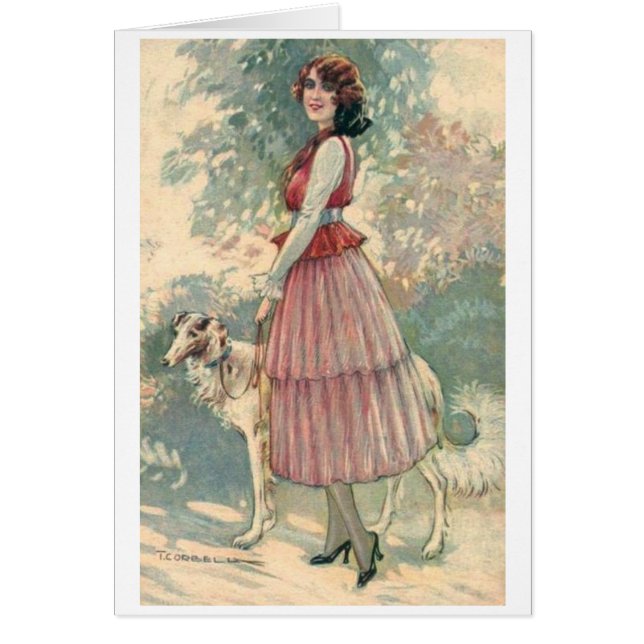 Vintage - Jolie Dame Marchant Son Chien, (Devant)