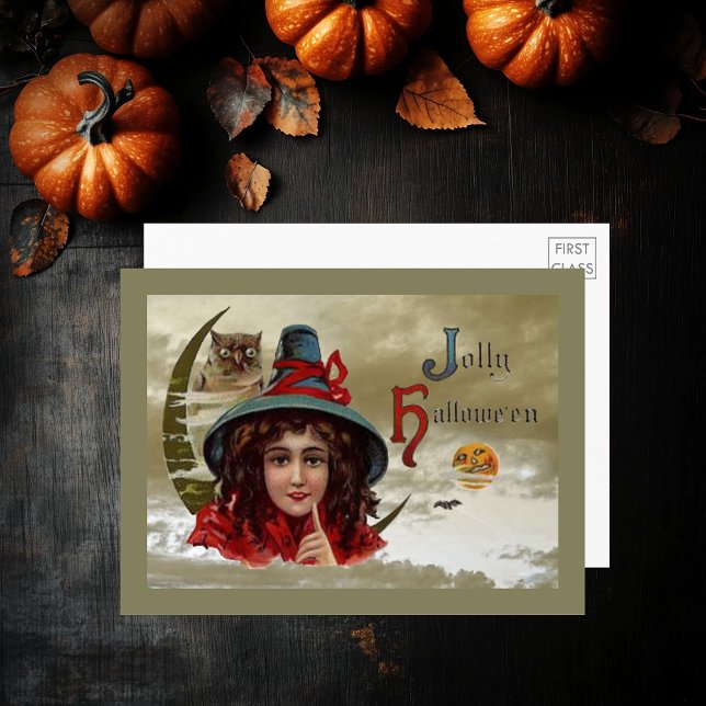 Vintage Jolly Halloween Witch & Owl Grande carte p (Vintage Jolly Halloween Witch & Owl Large Postcard)