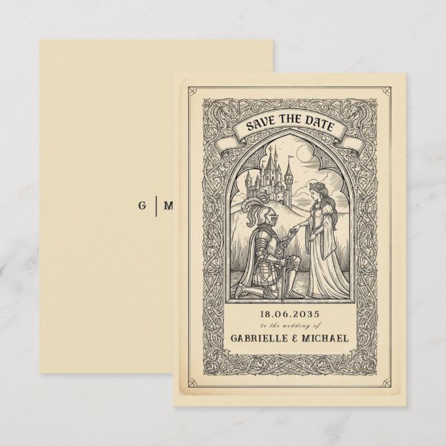 Vintage Knight Medieval Sketch Save The Date Card (Devant / Derrière)