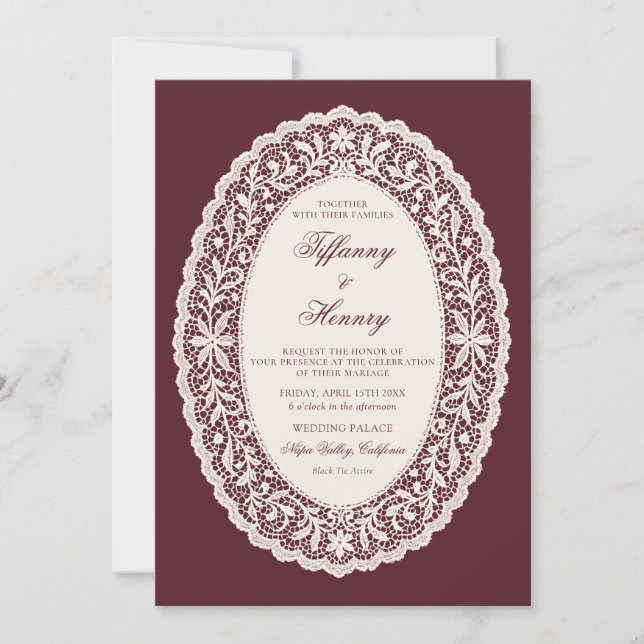 Vintage Lace Burgundy Wedding Invitation (Devant)