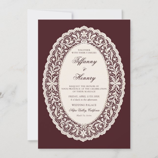 Vintage Lace Burgundy Wedding Invitation (Devant)