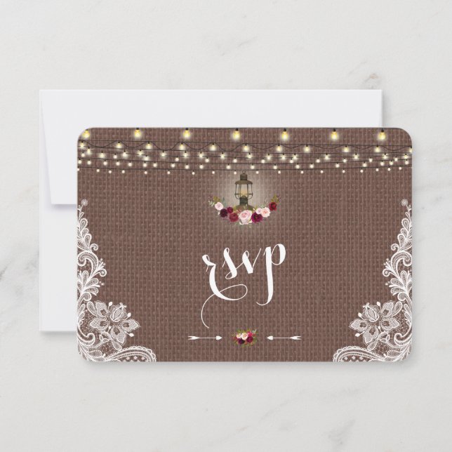 Vintage Lace Burlap String Lumières Mariage RSVP (Devant)