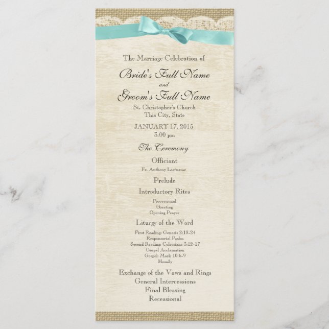 Vintage Lace et Aqua Bow Wedding Programme (Devant)