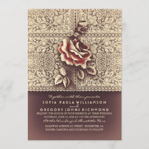 Vintage Lace Marsala Rose Mariage Invitations
