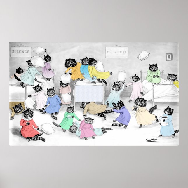 Vintage Louis Wain Chat Coussin Fight Poster Impri (Devant)