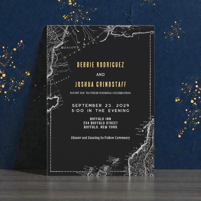 Vintage Map Gold on Black Wedding Invitation (Créateur téléchargé)