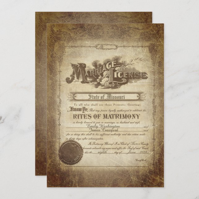Vintage Mariage Certificat Invitation (Devant / Derrière)