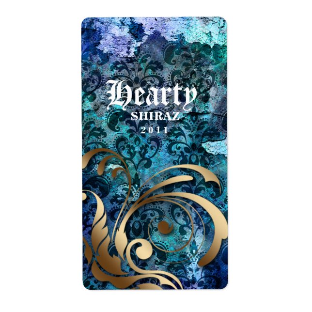 Vintage Mariage Vin Étiquette Damask Blue Gold (Devant)