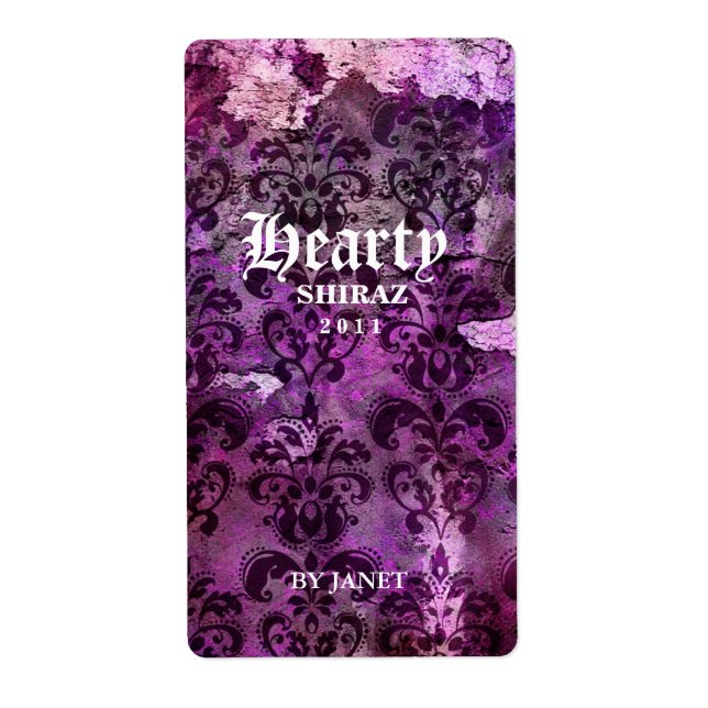 Vintage Mariage Vin Étiquette Damask Violet (Devant)