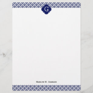 Vintage Marine Bleu Blanc Damas #3 Monogramme Mari