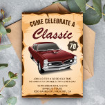 Vintage Maroon Rouge Voiture classique Invitation<br><div class="desc">Invitation vos invités avec cet invitation de fête d'anniversaire vintage avec une belle voiture vintage et typographie rétro contre un arrière - plan parchemin. Ajoutez simplement les détails de votre événement sur ce modèle facile à utiliser pour en faire une invitation unique. Retournez la carte pour révéler une texture rustique...</div>