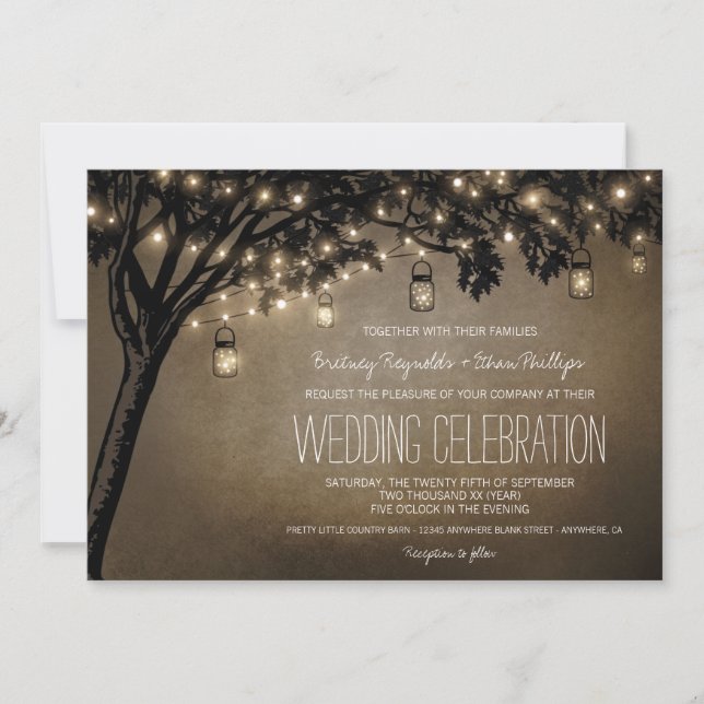 Vintage Mason Jar Oak Tree Invitations de mariage (Devant)