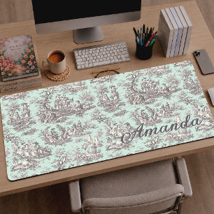 Vintage Menthe Grise Monogramme Toile De Jouy Fran