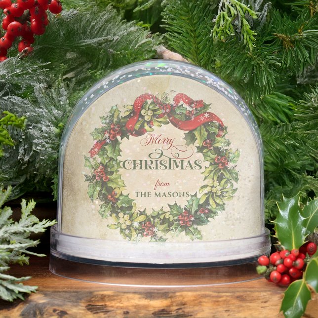 Vintage Merry Christmas Wreath Photo Snow Globe (Créateur téléchargé)