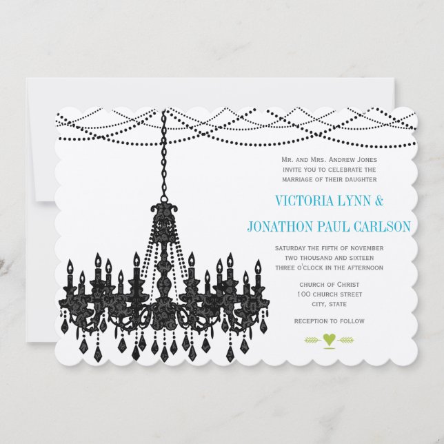 Vintage Moderne Aqua Chandelier Mariage Invitation (Devant)