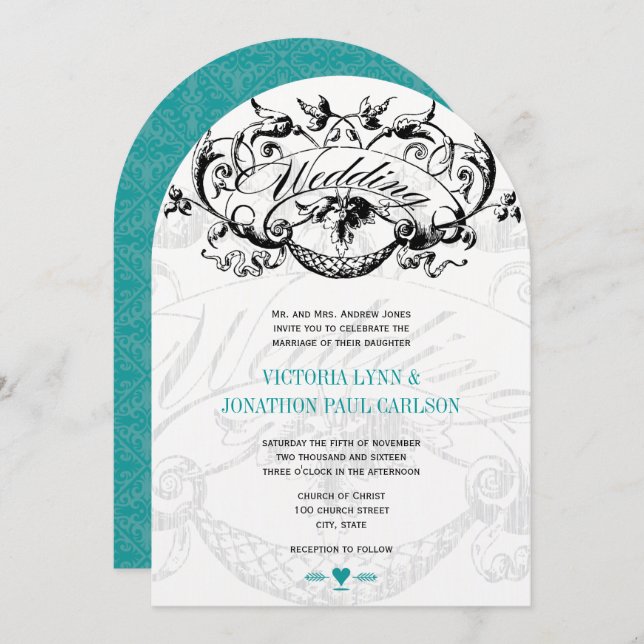 Vintage Moderne Turquoise Aqua Wedding Invitations (Devant / Derrière)