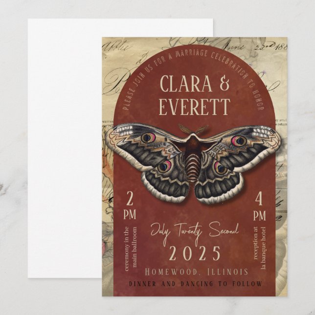 Vintage Moth Wedding Invitation with Rustic Arch (Devant / Derrière)