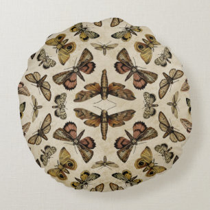 Vintage Moths Round Coussin