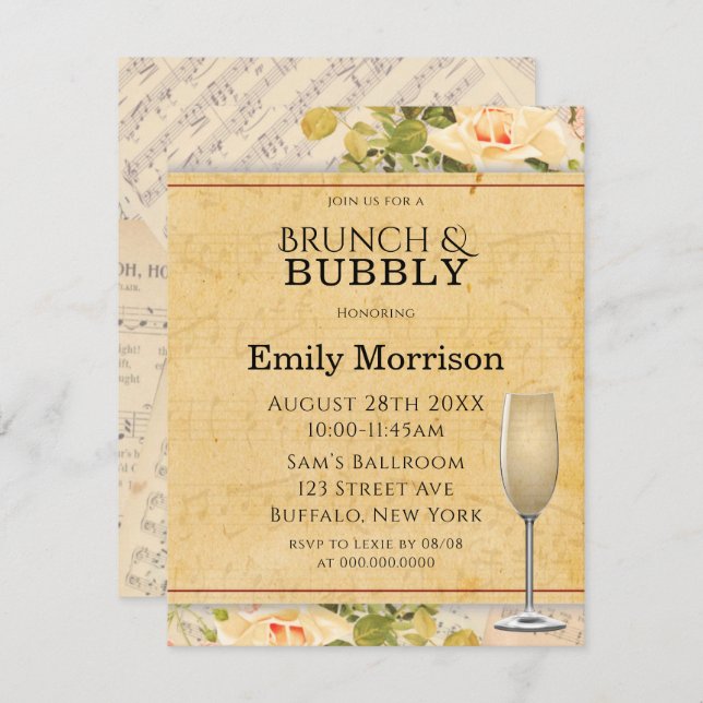 Vintage Musical Floral Brunch & Bubbly Invitations (Devant / Derrière)