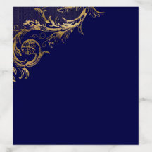 Vintage Navy Blue Gold Floral Mariage damassé
