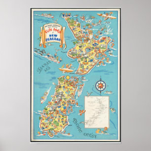 Vintage New Zealand Fun Map South Island Poster