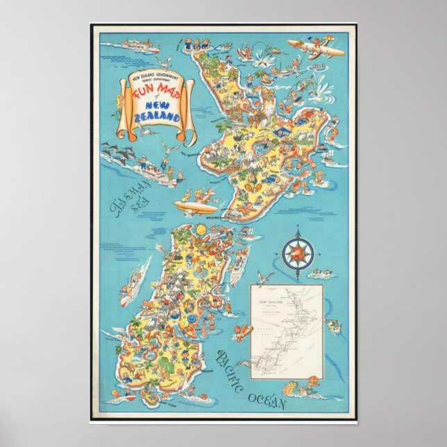 Vintage New Zealand Fun Map South Island Poster (Devant)