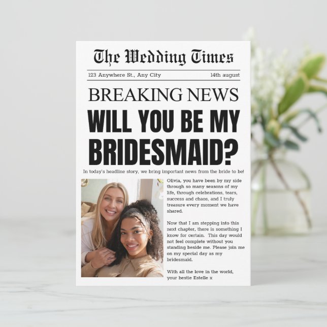 Vintage Newspaper Bridesmaid Proposal Invitation (Debout devant)