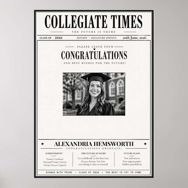 Vintage Newspaper Graduation Autograph Poster (Devant)