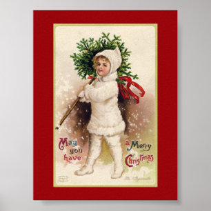 VINTAGE NOËL POSTER "PETITE FILLE ET ARBRE"