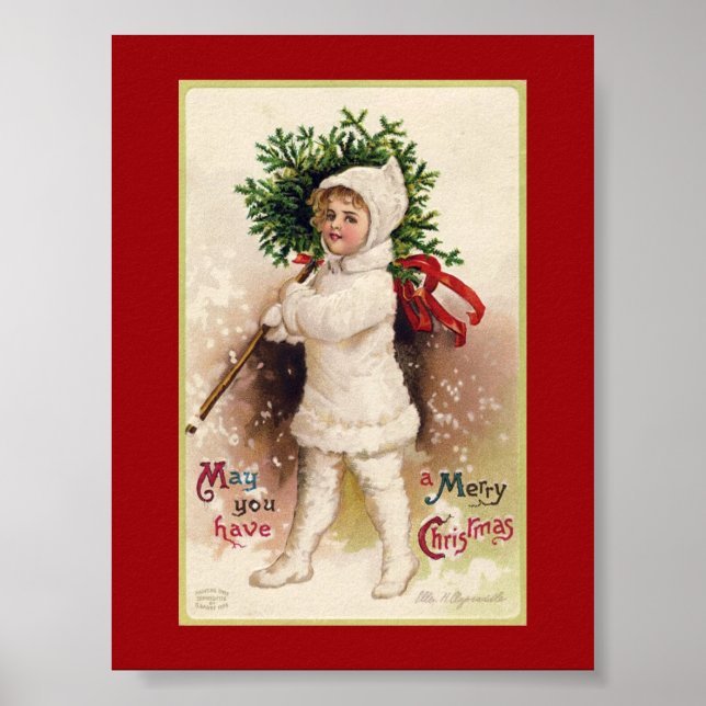 VINTAGE NOËL POSTER "PETITE FILLE ET ARBRE" (Devant)