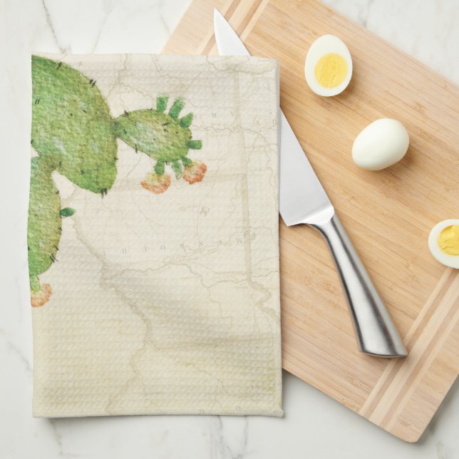 Vintage Nopal Cactus Aquarelle Serviette de cuisin (Quart Plié)