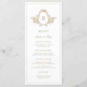 Vintage or et blanc Monogram Crest Mariage Menu