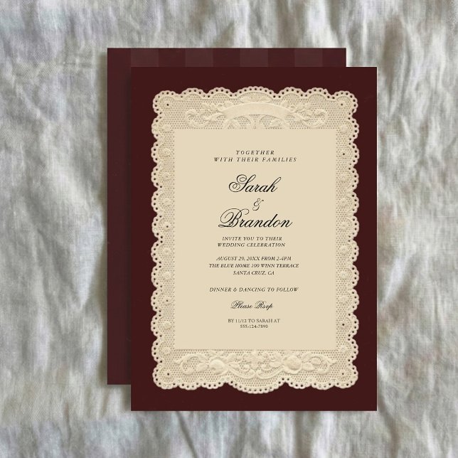 Vintage Paper Lace Burgundy Wedding Invitation (Créateur téléchargé)