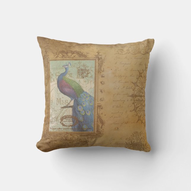 Vintage Peacock Brown Papier d'époque Coussin EXTÉ (Recto)