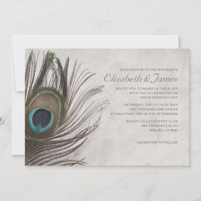 Vintage Peacock Feathers Mariage Invitations (Devant)