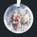 Vintage Père Noël Reindeer Personnalisé<br><div class="desc">Cet ornement sur le thème de Noël présente Père Noël vintage avec rennes et texte personnalisable est un ornement parfait pour n'importe quel arbre de Noël. Vous pouvez facilement changer votre nom de famille et l'année pour faire de cet ornement unique votre.</div>