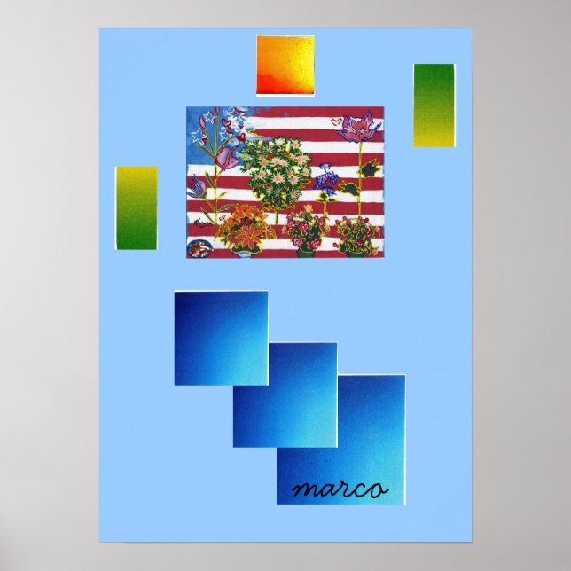 Vintage Peter Max drapeau style avec fleurs Poster (Devant)