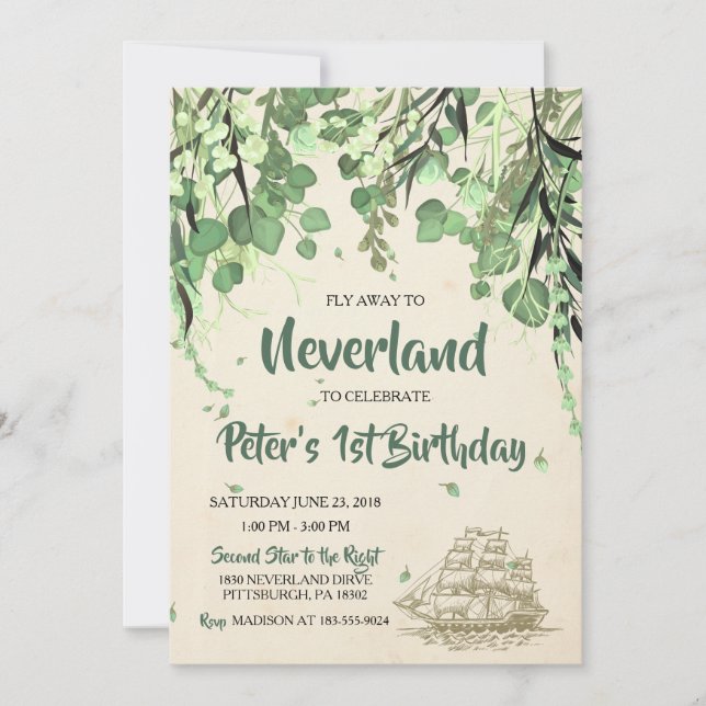 Vintage Peter Pan Neverland Invitation d'anniversa (Devant)