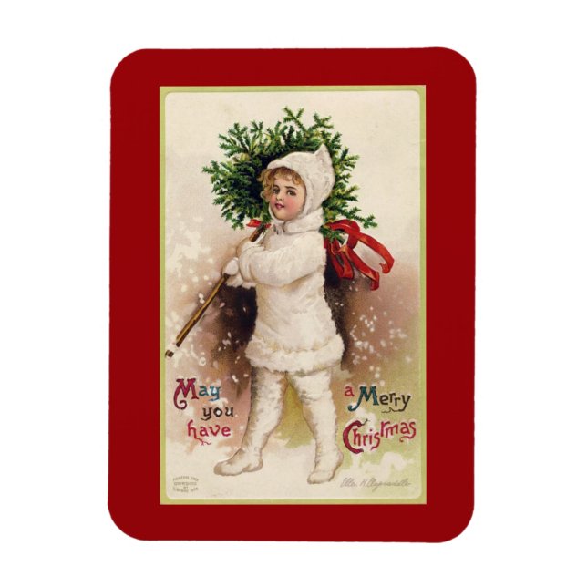 VINTAGE "PETITE FILLE AVEC ARBRE" MAGNET DE NOËL (Vertical)